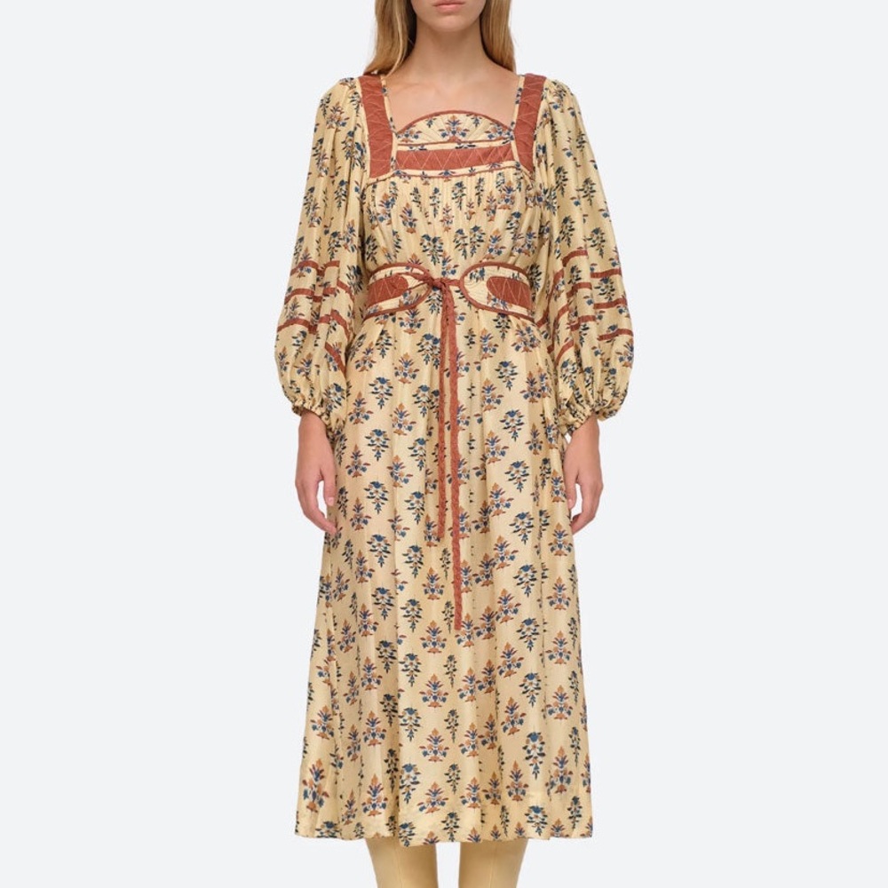 NWT. Sea NY Norah Silk Blockprint Midi Dress, Size XS